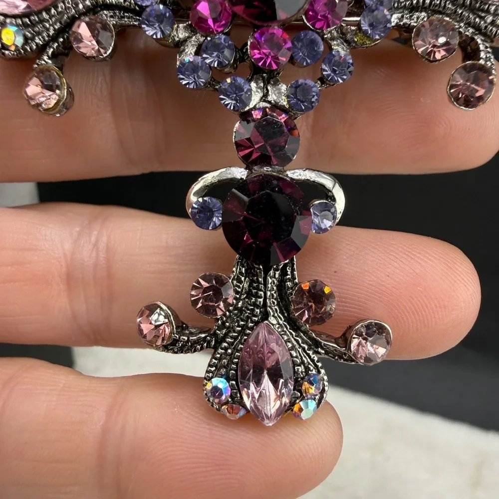 Rhinestone Cross Brooch Silver Tone Purple Pink Pendant Bale
